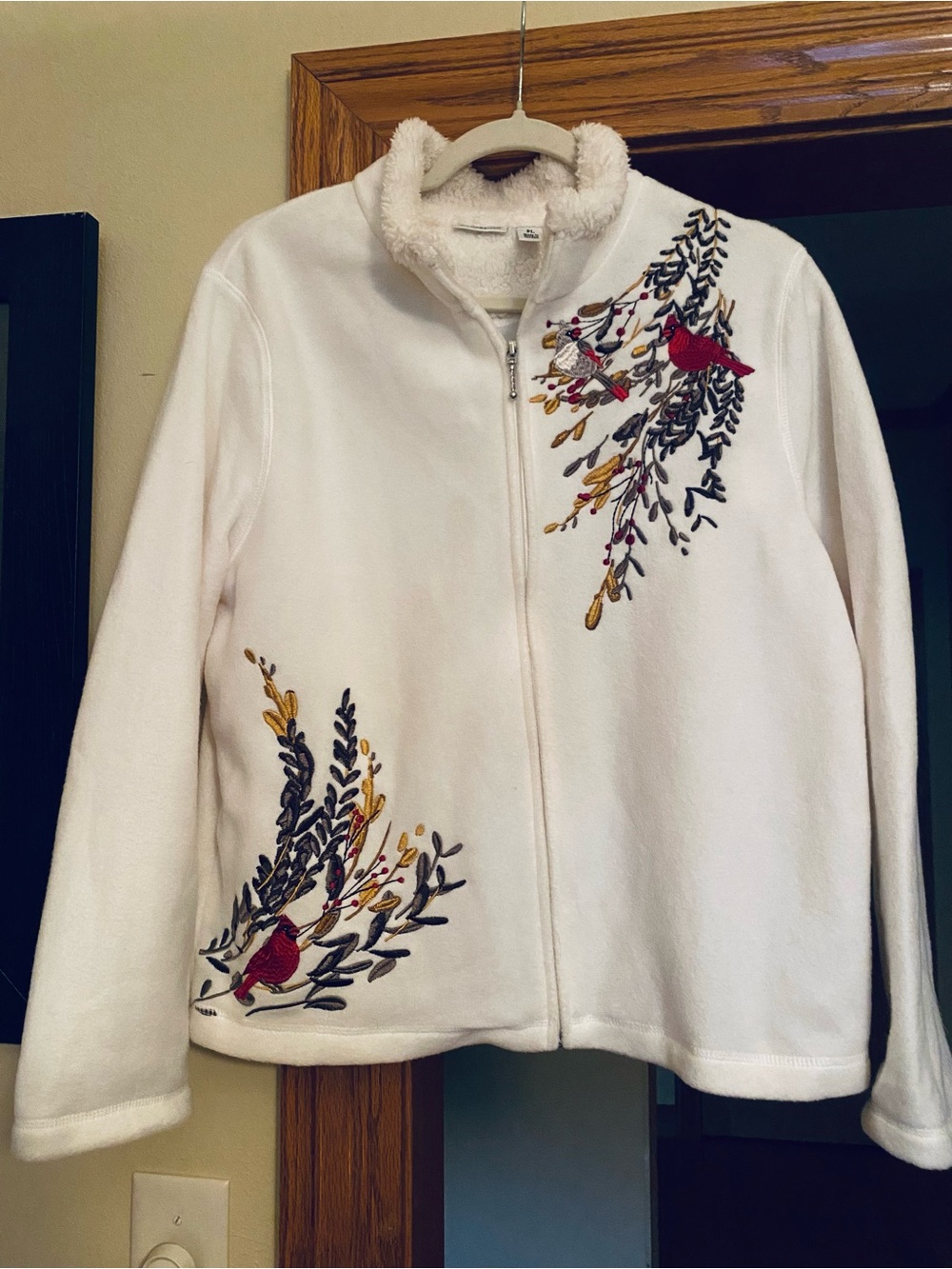 Women's white Fleece Zip Jacket with Embroidered Cardinals